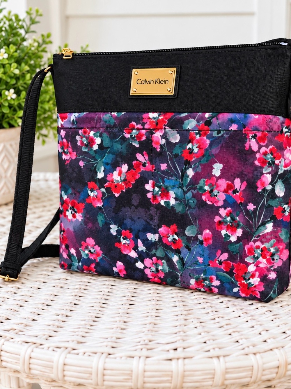 Calvin Klein Floral Nylon Crossbody Bag Black & Pink
